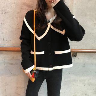 Collared Contrast Trim Cardigan Black - One Size