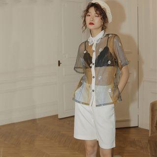 Faux Pearl Flower Applique Short-sleeve Mesh Shirt