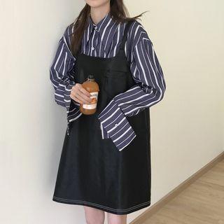 Long-sleeve Striped Shirt / Faux Leather Mini A-line Pinafore Dress
