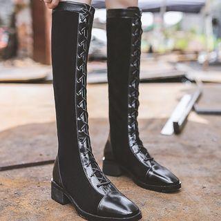 Block Heel Lace-up Panel Tall Boots