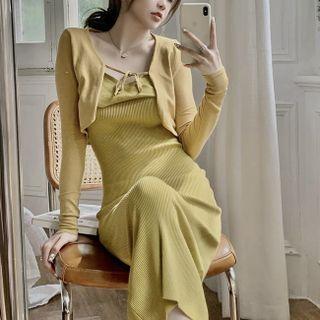 Spaghetti Strap Midi Bodycon Dress / Cropped Cardigan