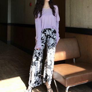Set: Plain Long-sleeve Top + Print Wide Leg Pants