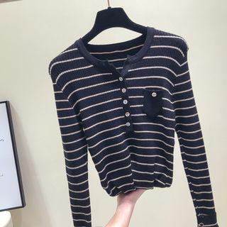 Long-sleeve Striped Notch-neck Knit Top