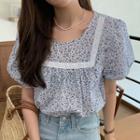 Short-sleeve Floral Print Blouse Black & Gray & White - One Size