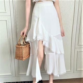 Short-sleeve Lace Trim Blouse / Slit Midi A-line Skirt