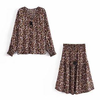 Set: Floral Print Blouse + Midi A-line Skirt