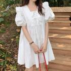 Puff-sleeve Square-neck Shift Dress White - One Size