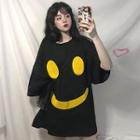 Elbow-sleeve Smiley Face Print T-shirt