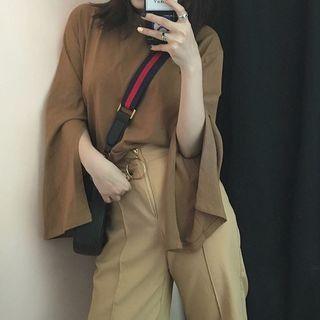 Slit Long-sleeve Plain T-shirt