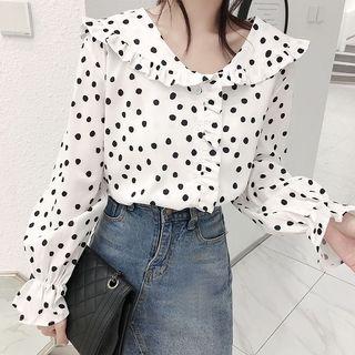 Ruffle Trim Dotted Long-sleeve Blouse