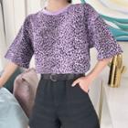 Elbow-sleeve Leopard Print T-shirt