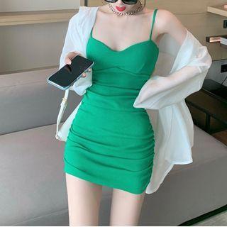 Spaghetti Strap Mini Bodycon Dress / Light Shirt