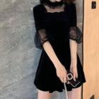 Elbow-sleeve Mesh Panel Velvet Dress