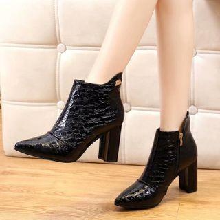 Pointy-toe Patent Block-heel Short Boots