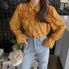 Bell-sleeve Frill-trim Floral Blouse