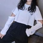 Long-sleeve Cropped Cutout Butterfly Print T-shirt