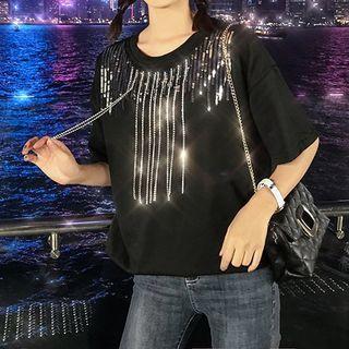 Short-sleeve Rhinestone Fringe T-shirt