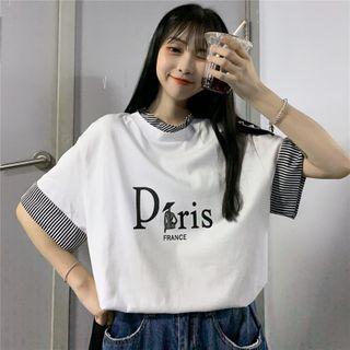 Striped Panel Lettering Short-sleeve Top