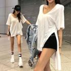 Elbow-sleeve Slit Asymmetric T-shirt