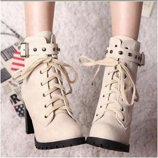 Studded Buckled Lace-up Boots