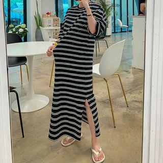 Slit-side Striped Maxi T-shirt Dress