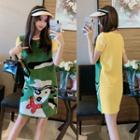 Dog Print Color Block Short-sleeve Knit Dress Green - One Size