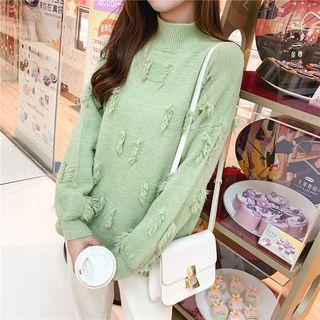 Fringed Stand Collar Knit Top