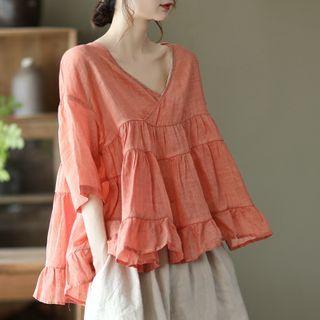 Elbow-sleeve Ruffle Hem Blouse