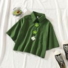 Elbow-sleeve Flower Shirt With Flower - Green - One Size