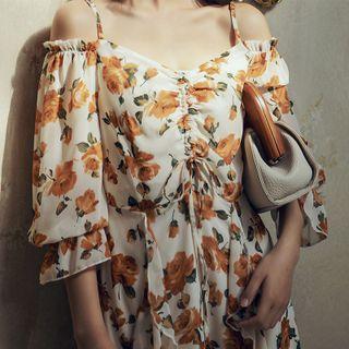 Bell-sleeve Cold Shoulder Maxi A-line Dress