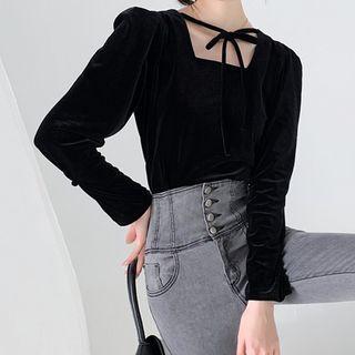 Long-sleeve Tie-front Velvet Blouse