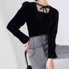 Long-sleeve Tie-front Velvet Blouse