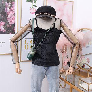 Sequins Mesh Patchwork Velvet Long-sleeved Top