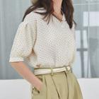 Elbow-sleeve Dotted Blouse Almond - One Size