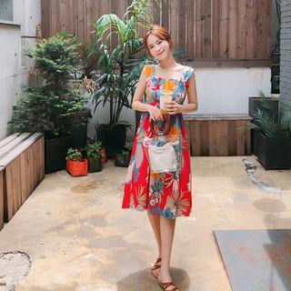 Square-neck Smocked Floral Print Dress