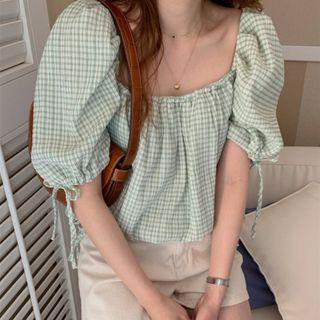 Puff-sleeve Plaid Blouse Plaid - Green - One Size