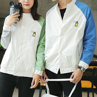 Couple Matching Embroidered Color Block Snap-button Jacket