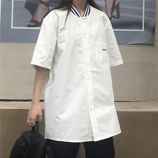 Letter Embroidered Elbow-sleeve Blouse White - One Size