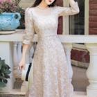 Elbow-sleeve U-neck Maxi A-line Dress