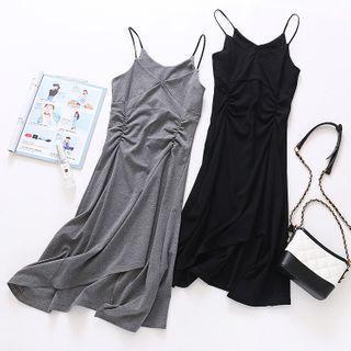 Spaghetti Strap Shirred Plain A-line Dress