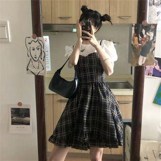 Balloon-sleeve T-shirt / Plaid Pinafore Dress