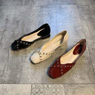 Block Heel Studded Square Toe Pumps