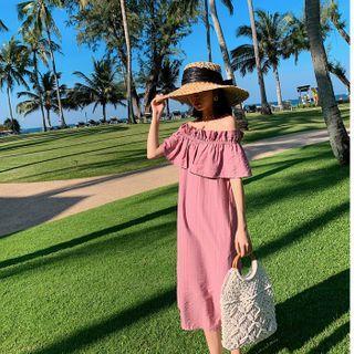 Off-shoulder Short-sleeve Plain Midi Shift Dress