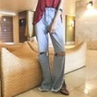 Slit-knee Fringe-hem Wide-leg Jeans
