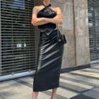 High Waist Slit Faux Leather Midi Pencil Skirt