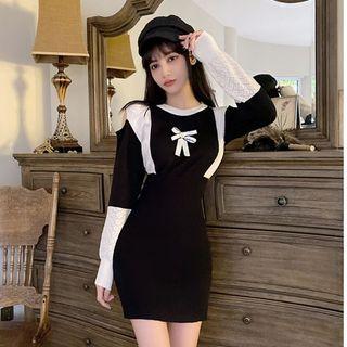 Off-shoulder Knit Sweat Dress Black & White - One Size