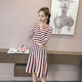 Striped Long Sleeve Knit Flared Dress