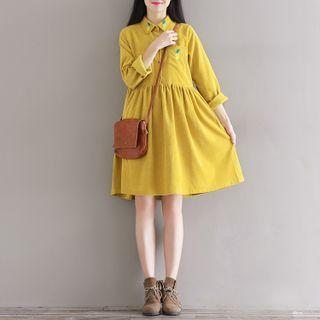 Puff-sleeve Pineapple Embroidered A-line Dress