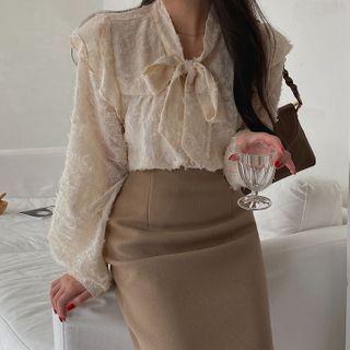 Tie-neck Ruffled Fringed Blouse