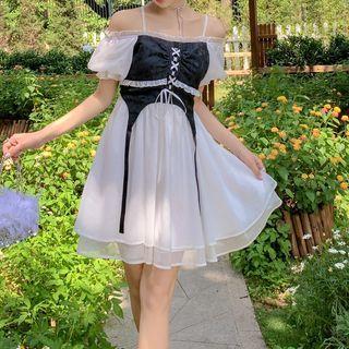 Off-shoulder Ruffle Trim Panel Mini Dress White - One Size